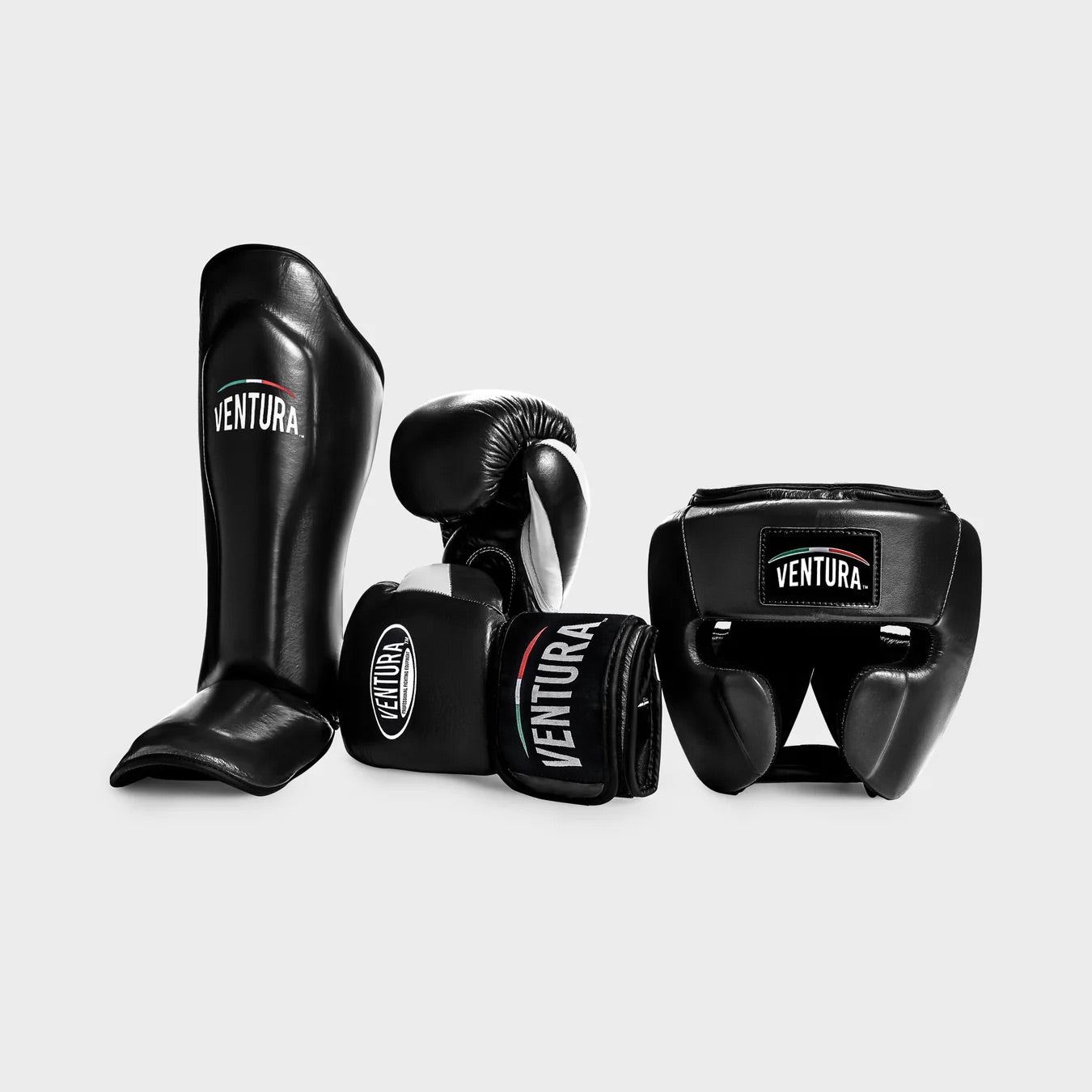 GANTS ET CASQUE DE BOXE EN CUIR VÉRITABLE AVEC PROTÈGE-TIBIAS noir
