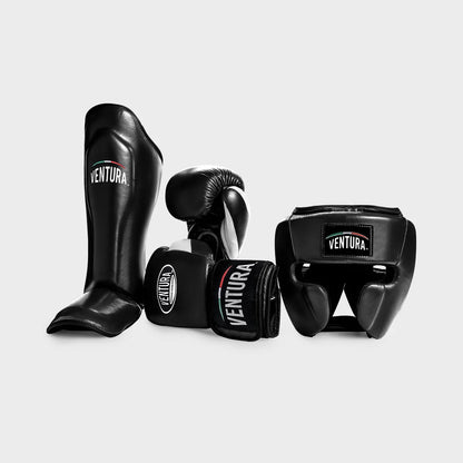 GANTS ET CASQUE DE BOXE EN CUIR VÉRITABLE AVEC PROTÈGE-TIBIAS noir