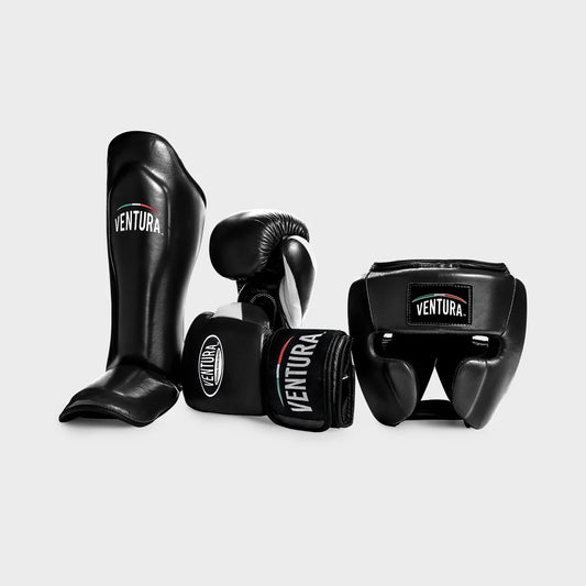 GANTS ET CASQUE DE BOXE EN CUIR VÉRITABLE AVEC PROTÈGE-TIBIAS noir